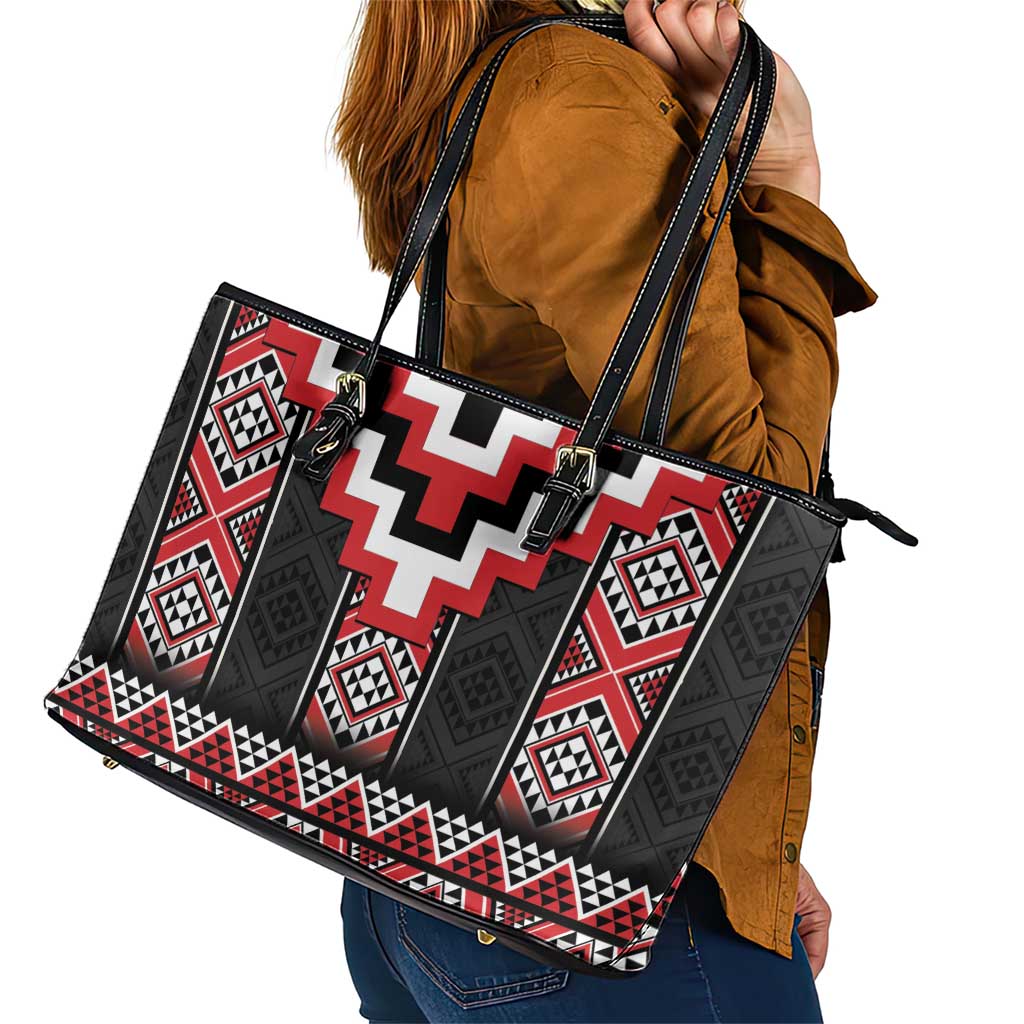 Red Taniko Aotearoa Leather Tote Bag Niho Taniwha Mix Poutama LT14 - Polynesian Pride