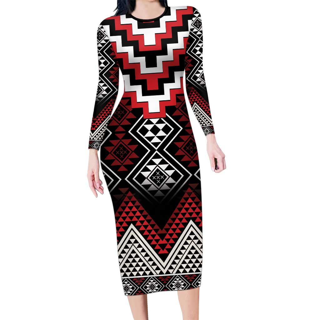 Red Taniko Aotearoa Long Sleeve Bodycon Dress Niho Taniwha Mix Poutama