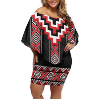 Red Taniko Aotearoa Off Shoulder Short Dress Niho Taniwha Mix Poutama LT14 Women Red - Polynesian Pride