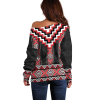 Red Taniko Aotearoa Off Shoulder Sweater Niho Taniwha Mix Poutama LT14