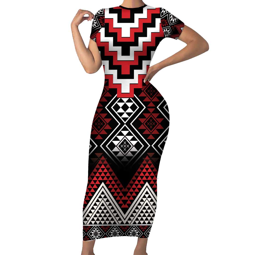 Red Taniko Aotearoa Short Sleeve Bodycon Dress Niho Taniwha Mix Poutama