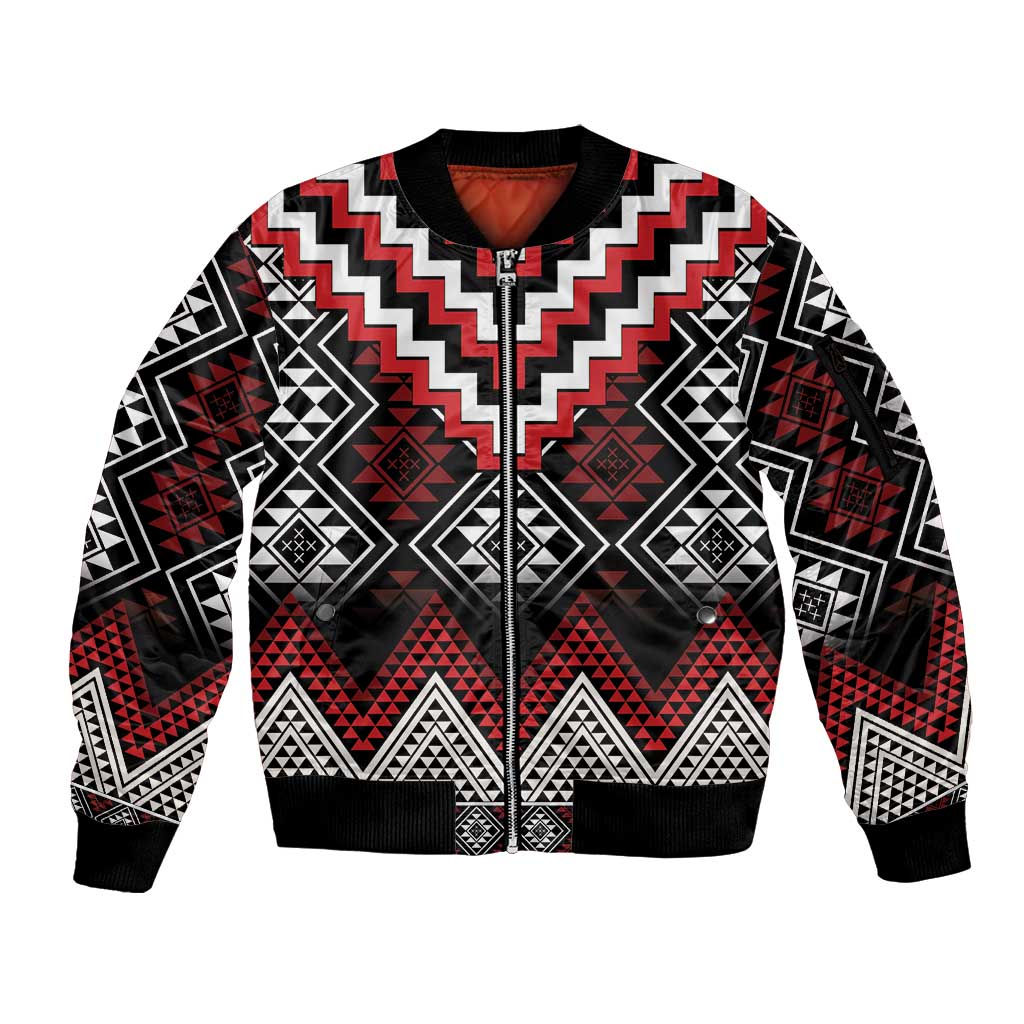 Red Taniko Aotearoa Sleeve Zip Bomber Jacket Niho Taniwha Mix Poutama