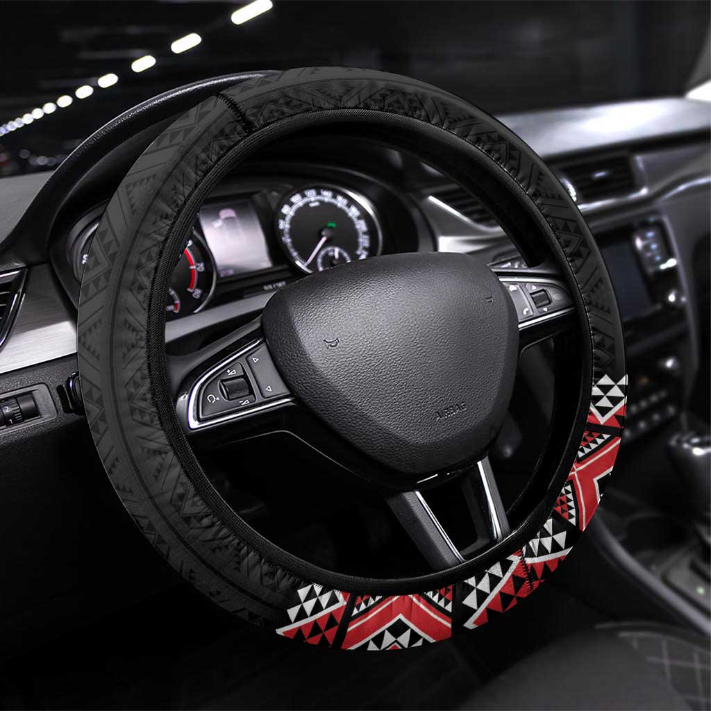 Red Taniko Aotearoa Steering Wheel Cover Niho Taniwha Mix Poutama LT14 Universal Fit Red - Polynesian Pride