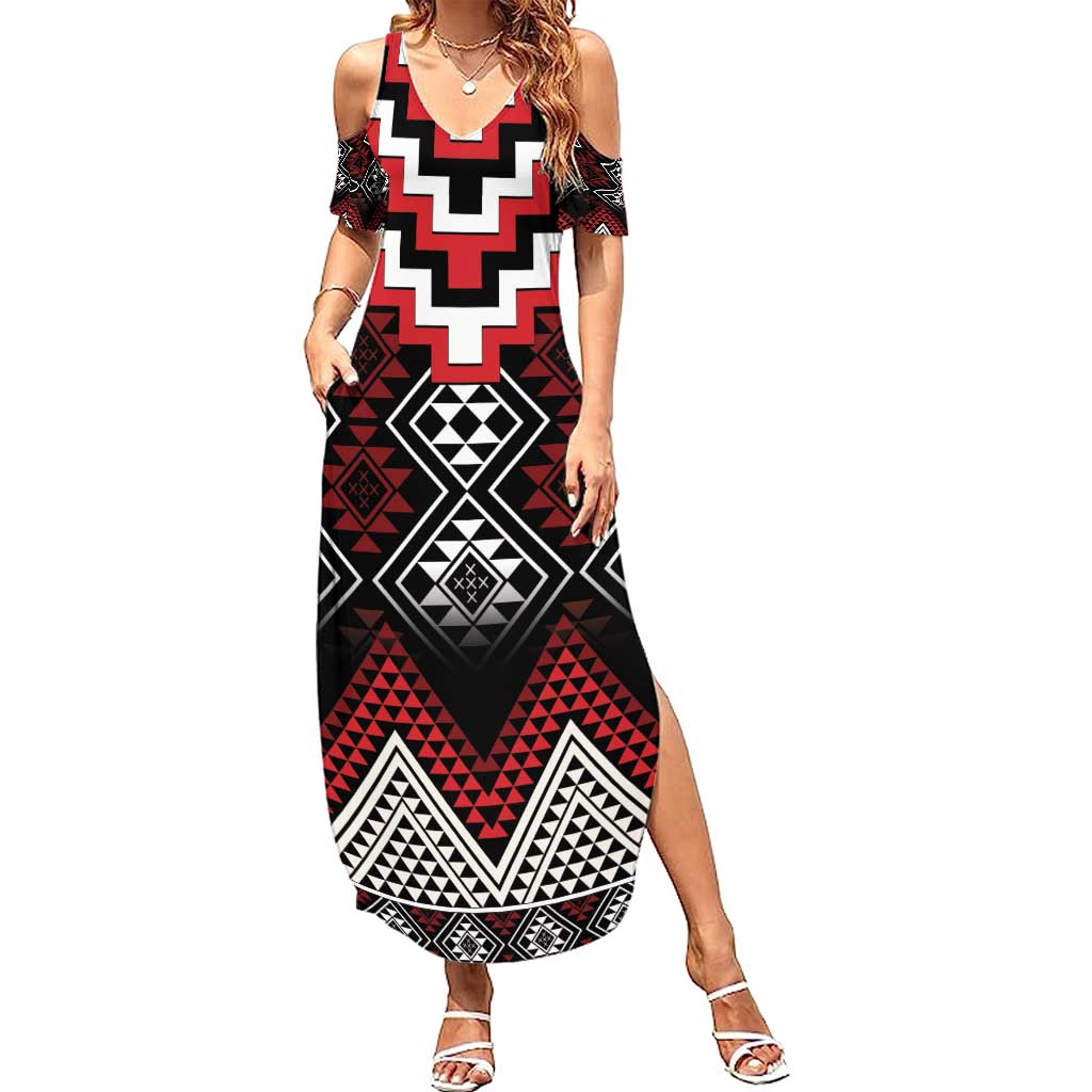 Red Taniko Aotearoa Summer Maxi Dress Niho Taniwha Mix Poutama