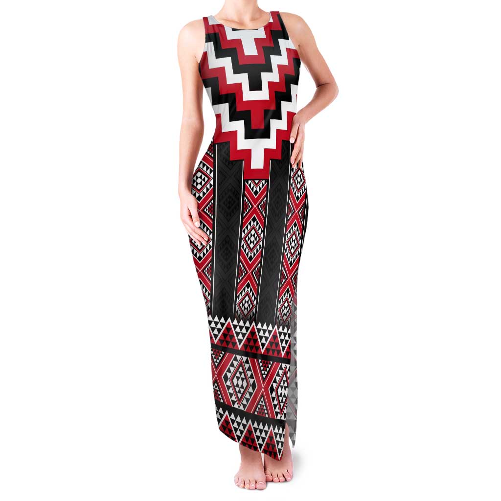 Red Taniko Aotearoa Tank Maxi Dress Niho Taniwha Mix Poutama