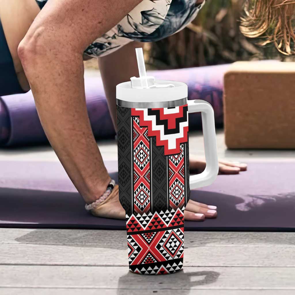 Red Taniko Aotearoa Tumbler With Handle Niho Taniwha Mix Poutama LT14 - Polynesian Pride