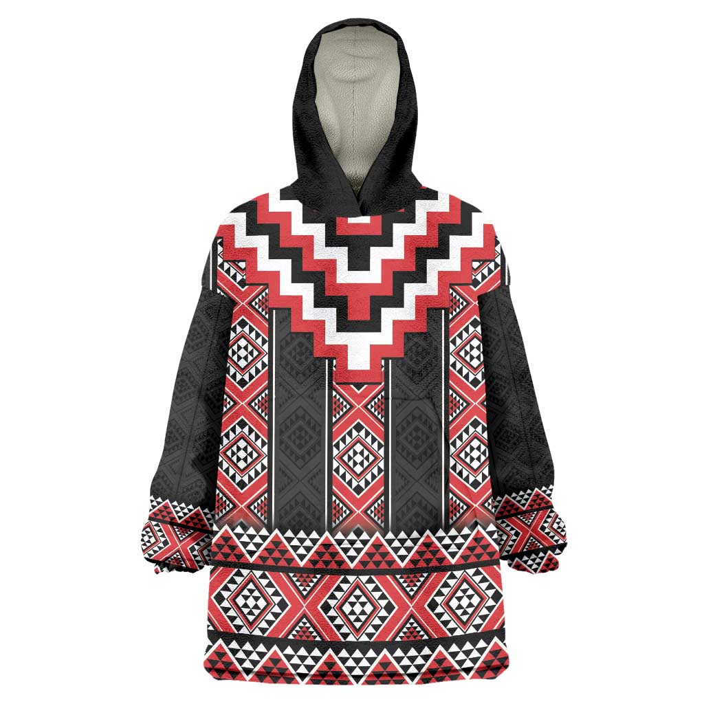 Red Taniko Aotearoa Wearable Blanket Hoodie Niho Taniwha Mix Poutama LT14 One Size Red - Polynesian Pride