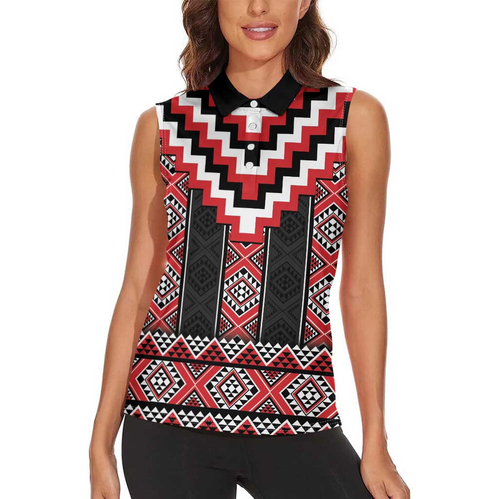 Red Taniko Aotearoa Women Sleeveless Polo Shirt Niho Taniwha Mix Poutama LT14 - Polynesian Pride