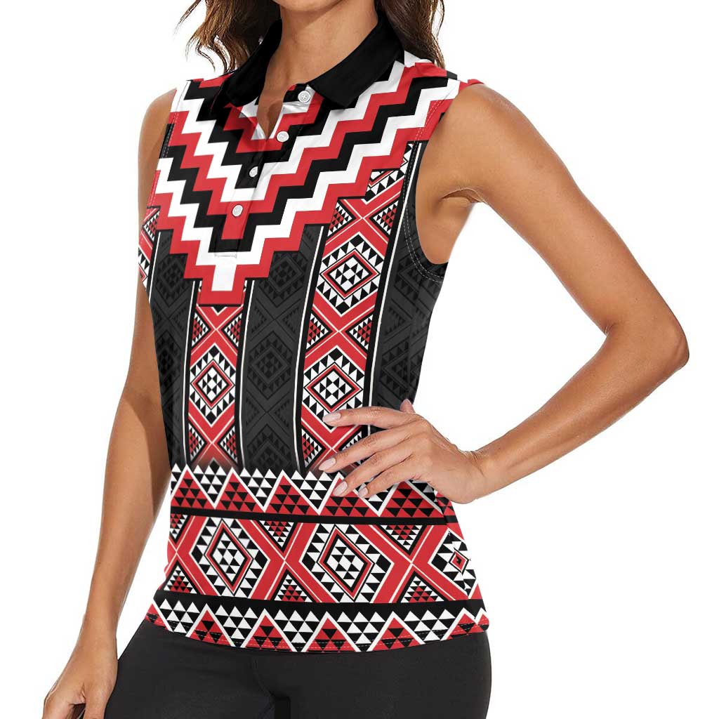 Red Taniko Aotearoa Women Sleeveless Polo Shirt Niho Taniwha Mix Poutama LT14 - Polynesian Pride