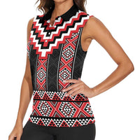 Red Taniko Aotearoa Women Sleeveless Polo Shirt Niho Taniwha Mix Poutama LT14 - Polynesian Pride