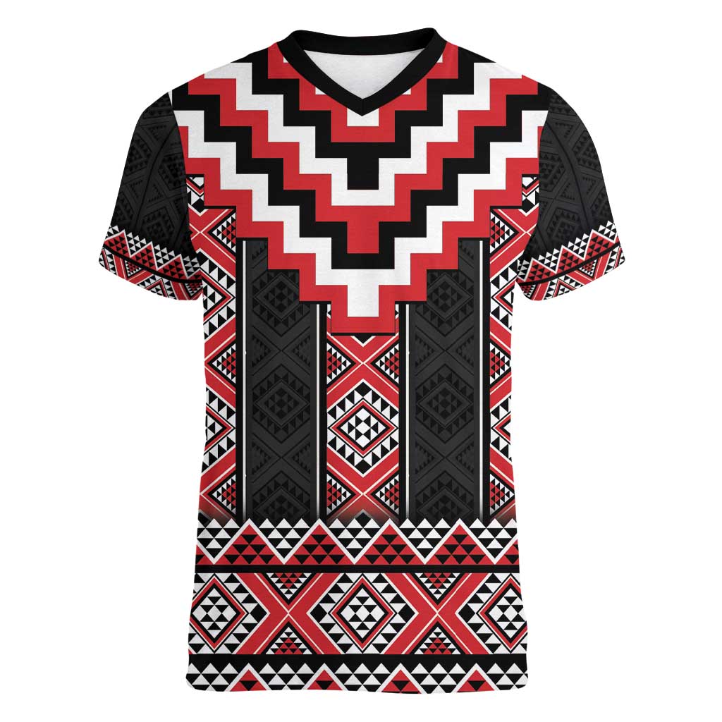 Red Taniko Aotearoa Women V-Neck T-Shirt Niho Taniwha Mix Poutama LT14 Female Red - Polynesian Pride