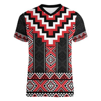 Red Taniko Aotearoa Women V-Neck T-Shirt Niho Taniwha Mix Poutama LT14 Female Red - Polynesian Pride