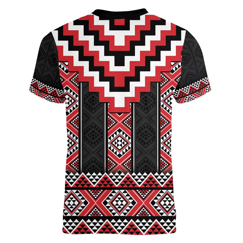 Red Taniko Aotearoa Women V-Neck T-Shirt Niho Taniwha Mix Poutama LT14 - Polynesian Pride