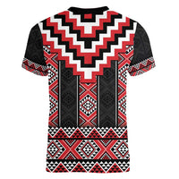 Red Taniko Aotearoa Women V-Neck T-Shirt Niho Taniwha Mix Poutama LT14 - Polynesian Pride