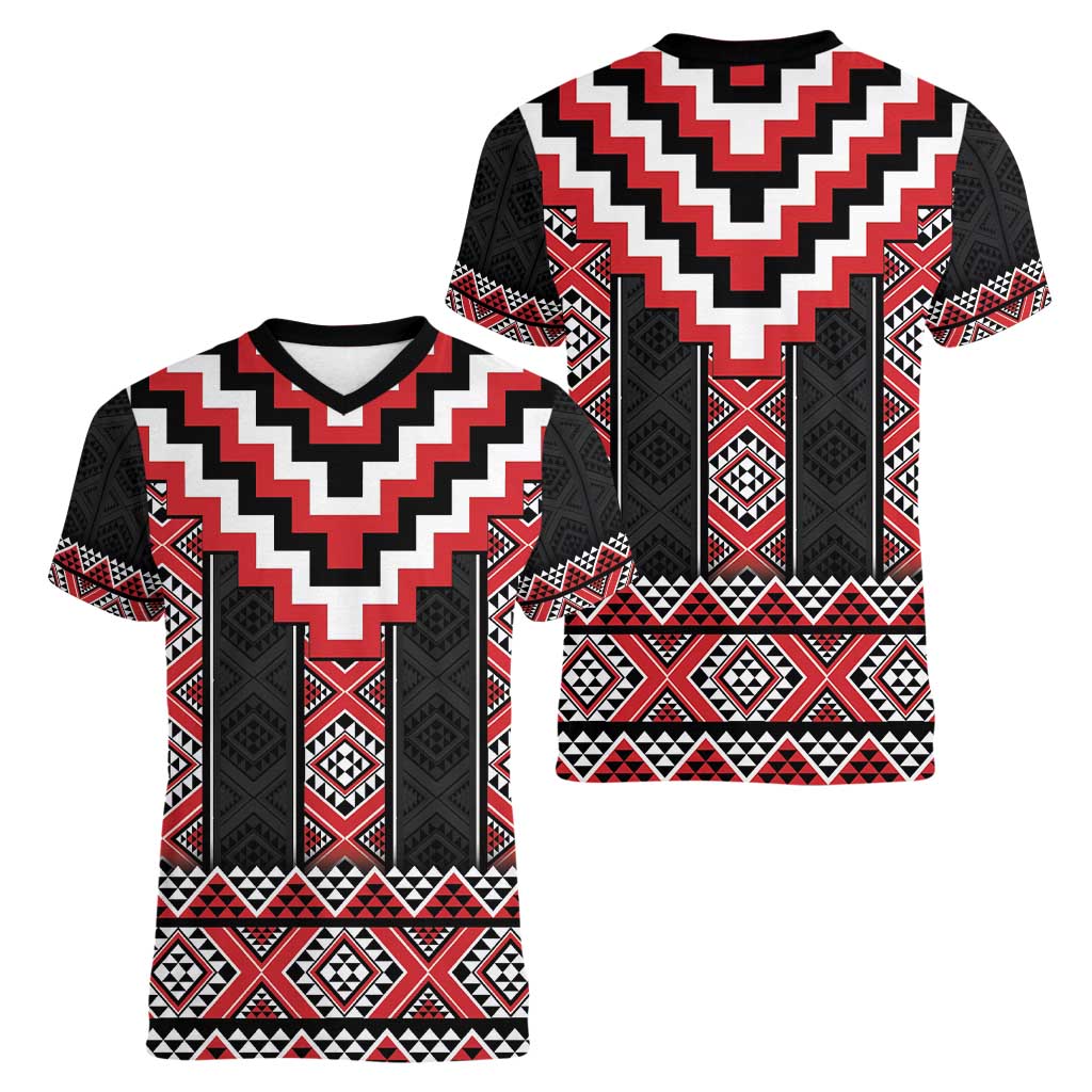 Red Taniko Aotearoa Women V-Neck T-Shirt Niho Taniwha Mix Poutama LT14 - Polynesian Pride