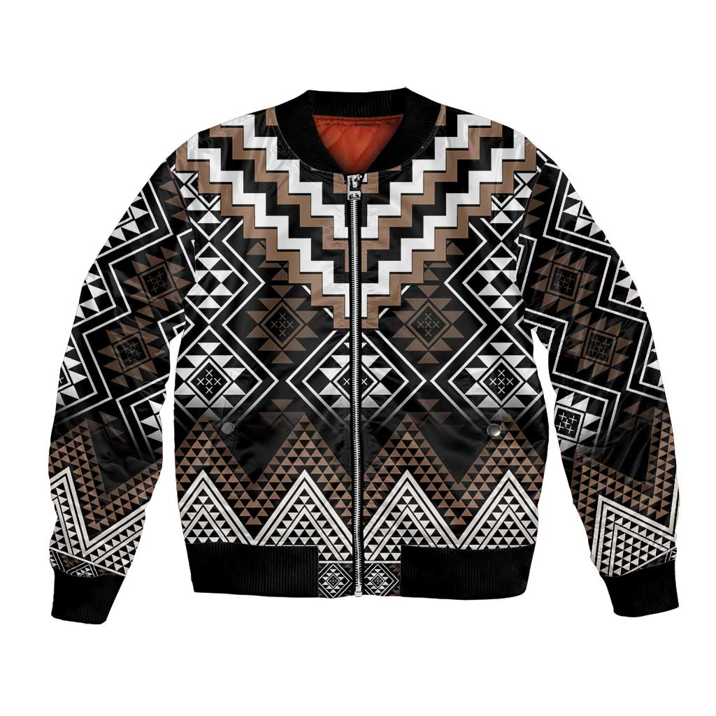 Brown Taniko Aotearoa Bomber Jacket Niho Taniwha Mix Poutama