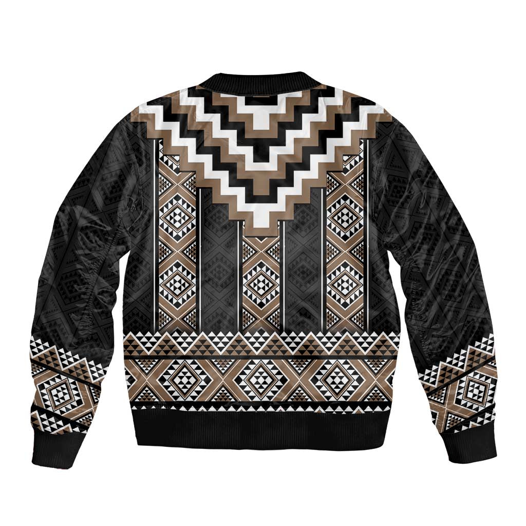 Brown Taniko Aotearoa Bomber Jacket Niho Taniwha Mix Poutama LT14
