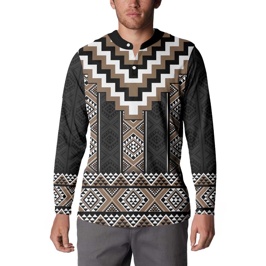 Brown Taniko Aotearoa Button Sweatshirt Niho Taniwha Mix Poutama LT14 - Polynesian Pride
