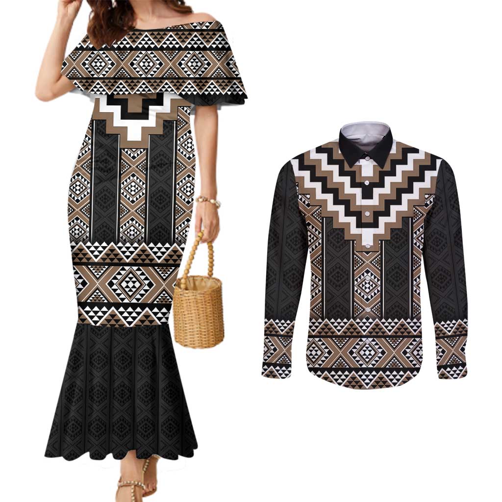 Brown Taniko Aotearoa Couples Matching Mermaid Dress and Long Sleeve Button Shirt Niho Taniwha Mix Poutama LT14 Brown - Polynesian Pride