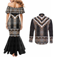 Brown Taniko Aotearoa Couples Matching Mermaid Dress and Long Sleeve Button Shirt Niho Taniwha Mix Poutama LT14 - Polynesian Pride