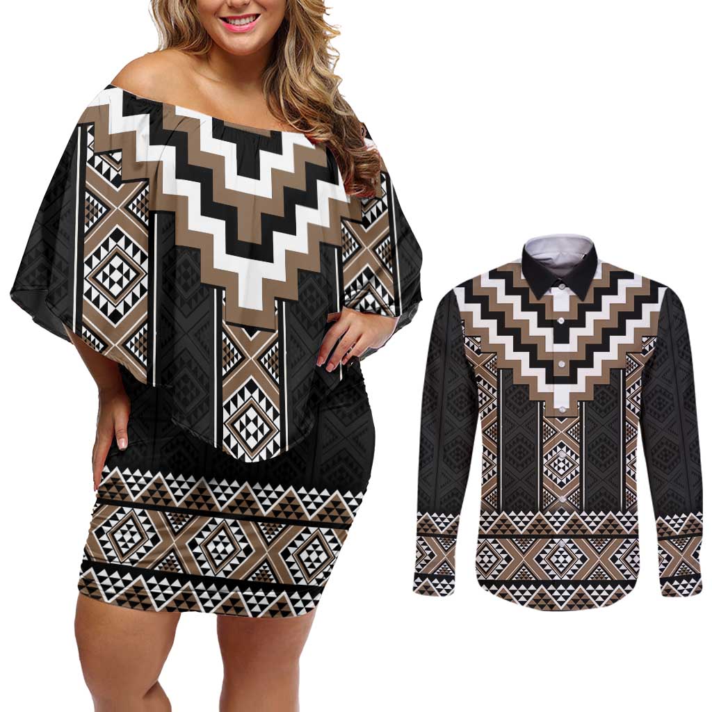 Brown Taniko Aotearoa Couples Matching Off Shoulder Short Dress and Long Sleeve Button Shirt Niho Taniwha Mix Poutama LT14 Brown - Polynesian Pride