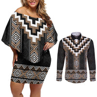 Brown Taniko Aotearoa Couples Matching Off Shoulder Short Dress and Long Sleeve Button Shirt Niho Taniwha Mix Poutama LT14 Brown - Polynesian Pride