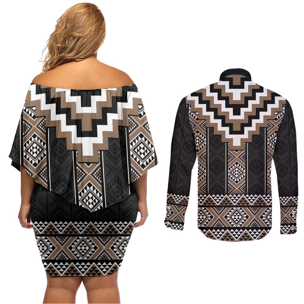 Brown Taniko Aotearoa Couples Matching Off Shoulder Short Dress and Long Sleeve Button Shirt Niho Taniwha Mix Poutama LT14 - Polynesian Pride