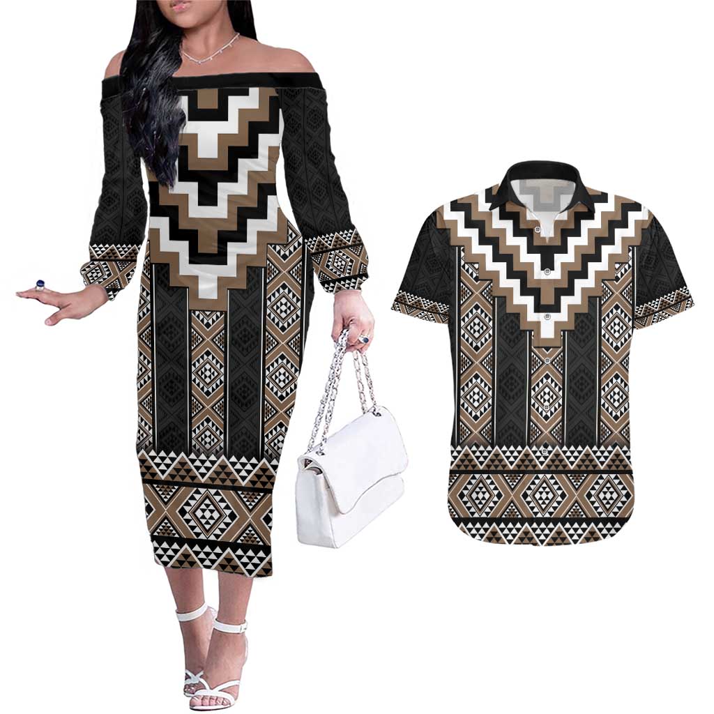 Brown Taniko Aotearoa Couples Matching Off The Shoulder Long Sleeve Dress and Hawaiian Shirt Niho Taniwha Mix Poutama LT14 Brown - Polynesian Pride