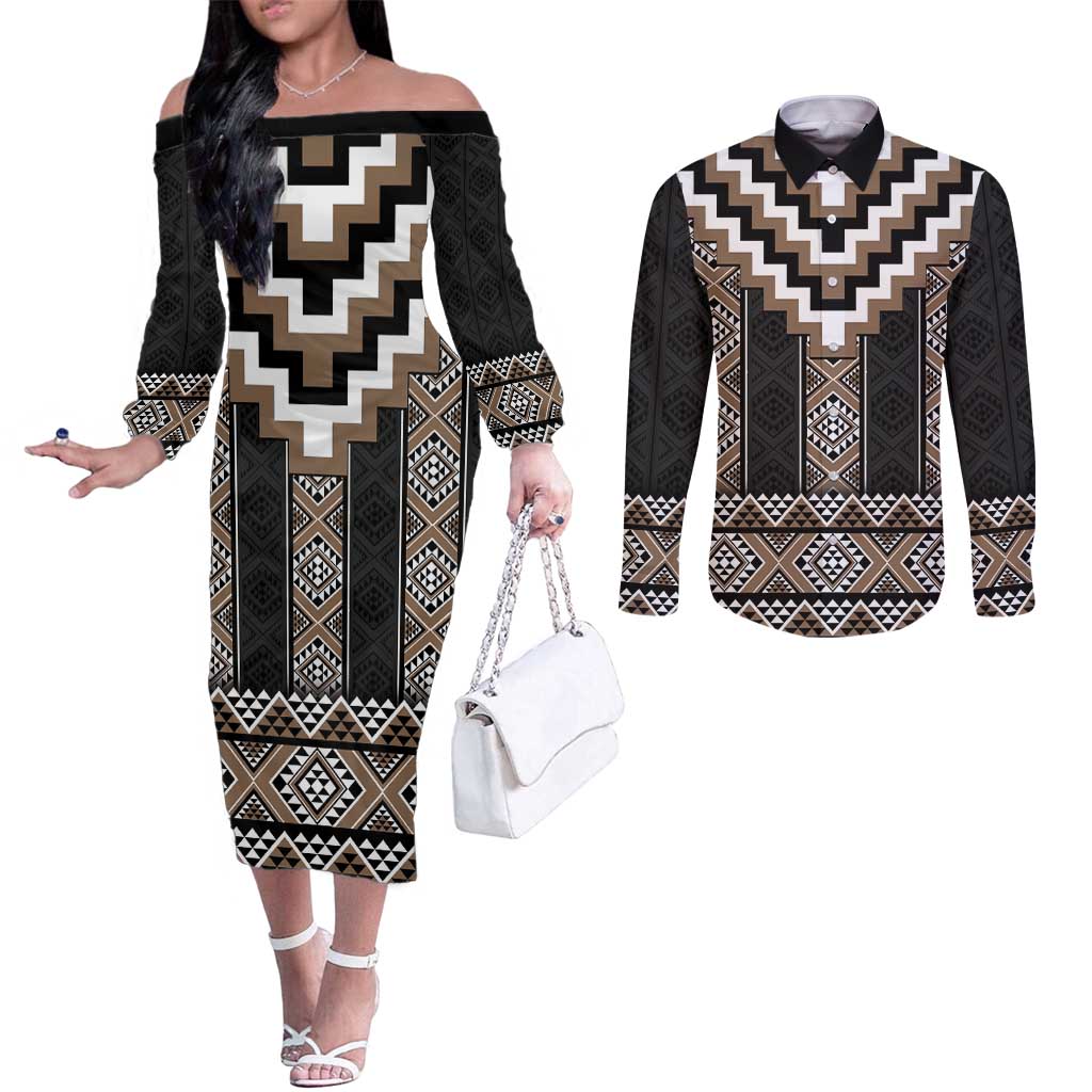 Brown Taniko Aotearoa Couples Matching Off The Shoulder Long Sleeve Dress and Long Sleeve Button Shirt Niho Taniwha Mix Poutama LT14