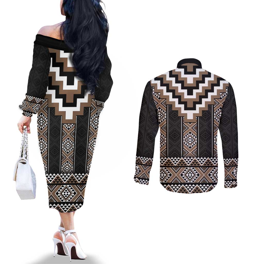 Brown Taniko Aotearoa Couples Matching Off The Shoulder Long Sleeve Dress and Long Sleeve Button Shirt Niho Taniwha Mix Poutama LT14
