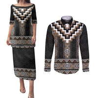 Brown Taniko Aotearoa Couples Matching Puletasi and Long Sleeve Button Shirt Niho Taniwha Mix Poutama LT14 Brown - Polynesian Pride