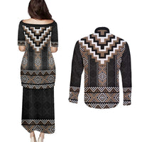 Brown Taniko Aotearoa Couples Matching Puletasi and Long Sleeve Button Shirt Niho Taniwha Mix Poutama LT14 - Polynesian Pride