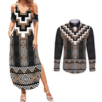 Brown Taniko Aotearoa Couples Matching Summer Maxi Dress and Long Sleeve Button Shirt Niho Taniwha Mix Poutama LT14 Brown - Polynesian Pride