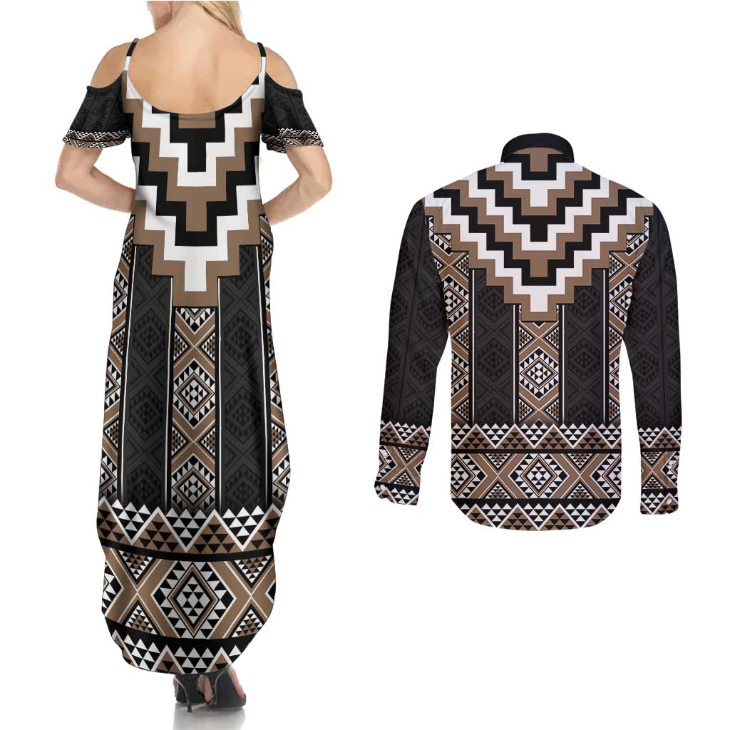 Brown Taniko Aotearoa Couples Matching Summer Maxi Dress and Long Sleeve Button Shirt Niho Taniwha Mix Poutama LT14 - Polynesian Pride