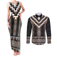 Brown Taniko Aotearoa Couples Matching Tank Maxi Dress and Long Sleeve Button Shirt Niho Taniwha Mix Poutama LT14 Brown - Polynesian Pride