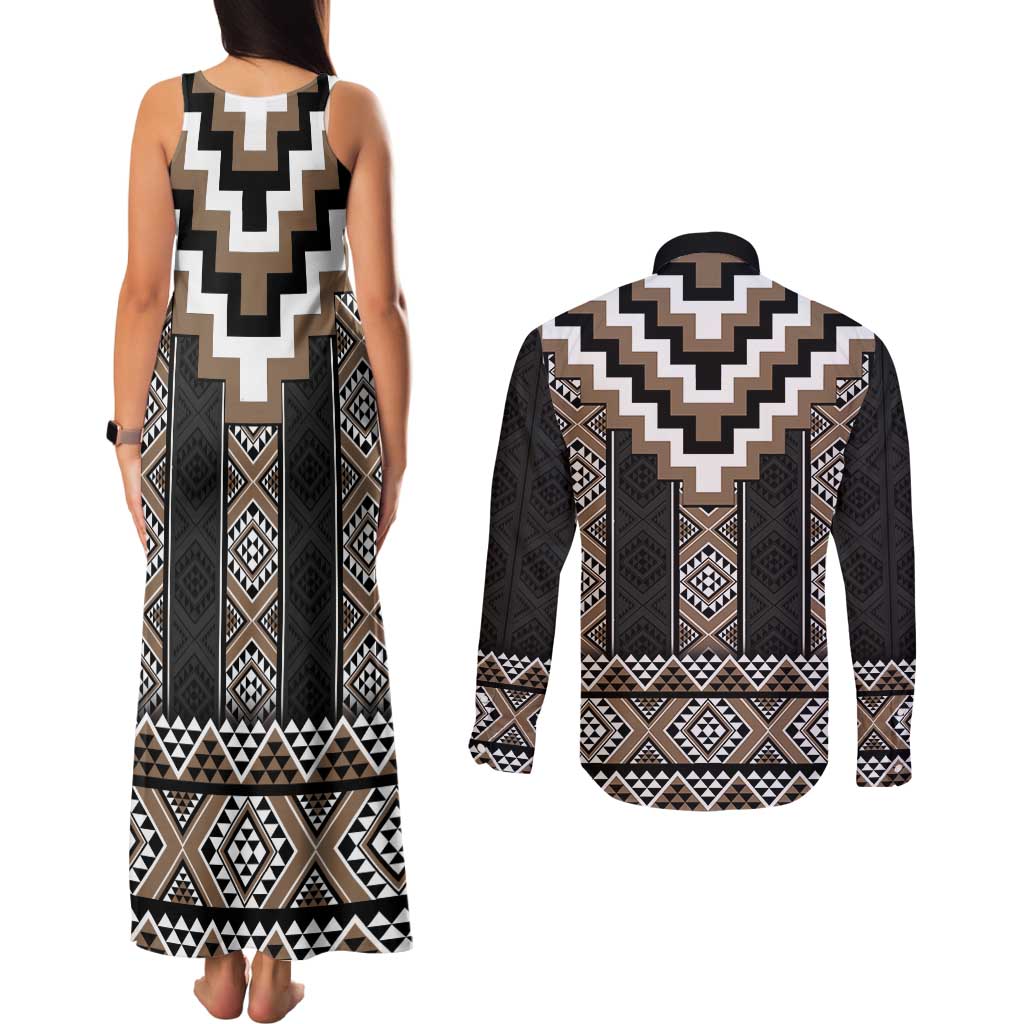Brown Taniko Aotearoa Couples Matching Tank Maxi Dress and Long Sleeve Button Shirt Niho Taniwha Mix Poutama LT14 - Polynesian Pride