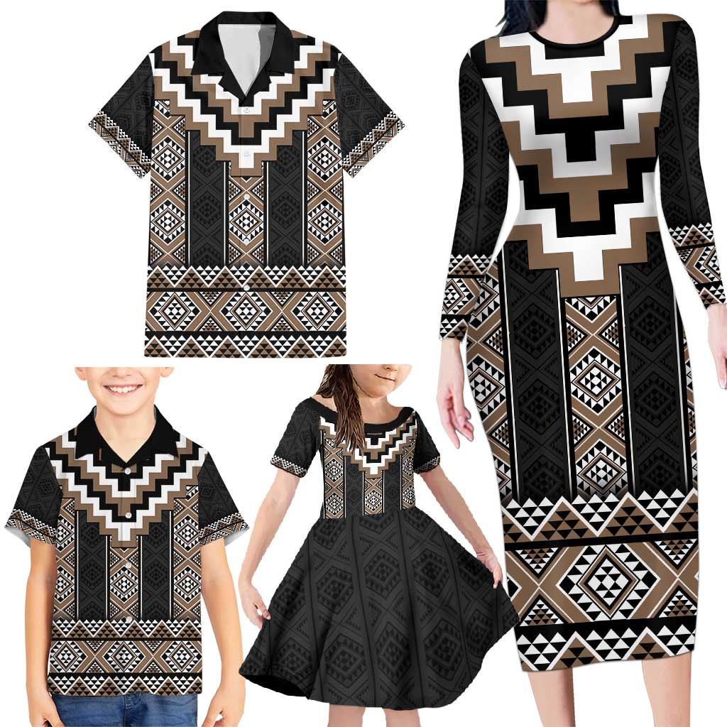 Brown Taniko Aotearoa Family Matching Long Sleeve Bodycon Dress and Hawaiian Shirt Niho Taniwha Mix Poutama LT14 - Polynesian Pride