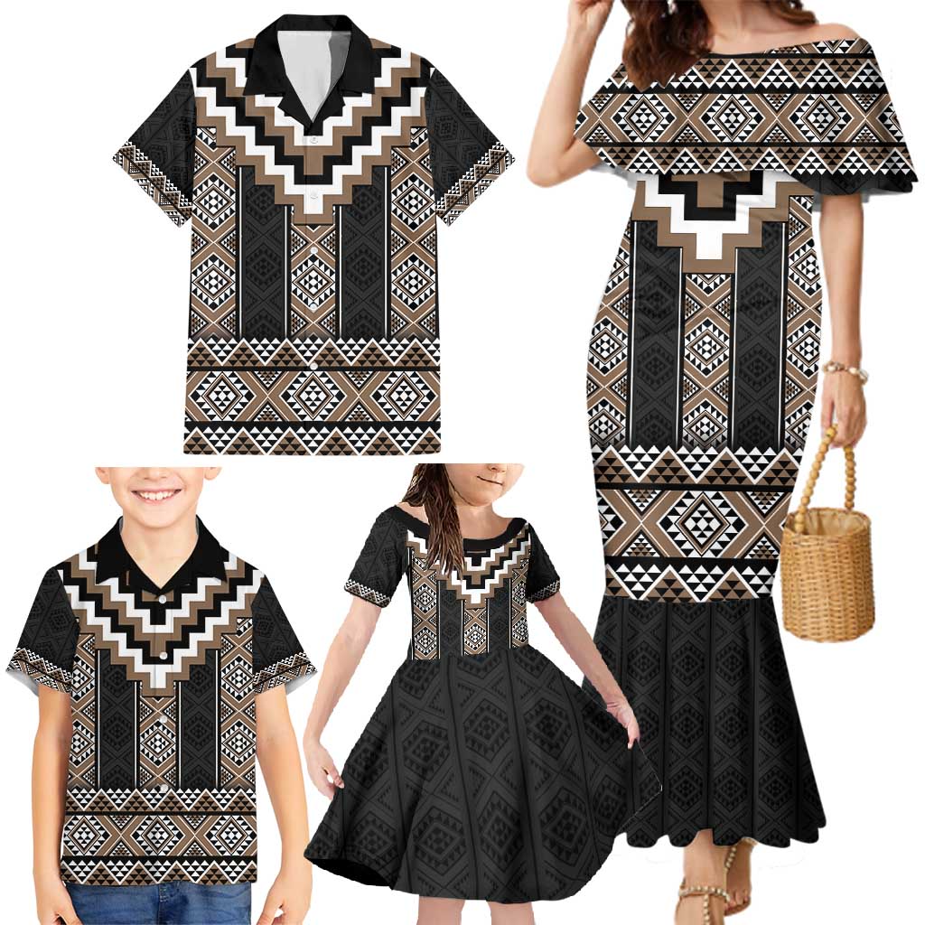 Brown Taniko Aotearoa Family Matching Mermaid Dress and Hawaiian Shirt Niho Taniwha Mix Poutama LT14 - Polynesian Pride