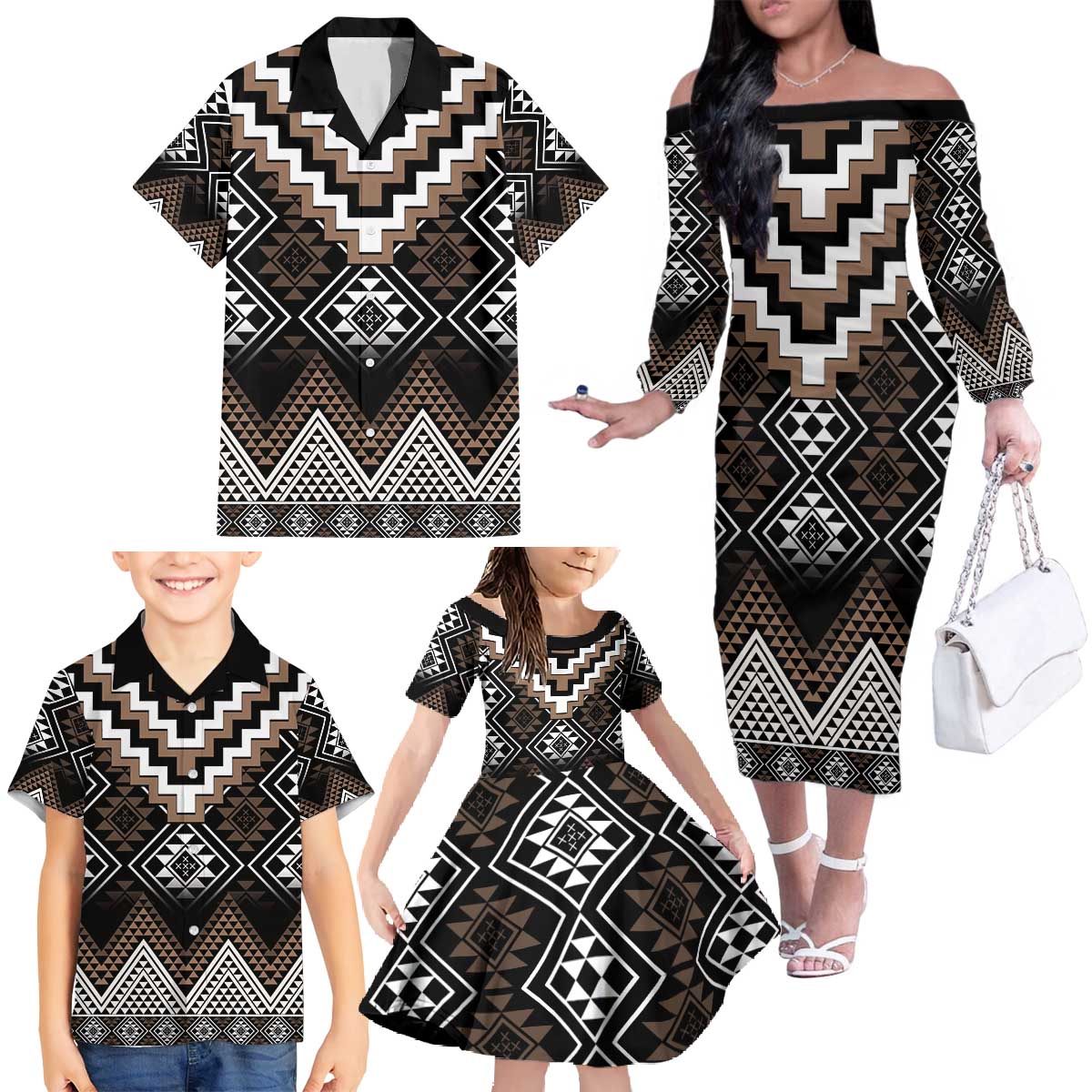 Brown Taniko Aotearoa Family Matching Off The Shoulder Long Sleeve Dress and Hawaiian Shirt Niho Taniwha Mix Poutama