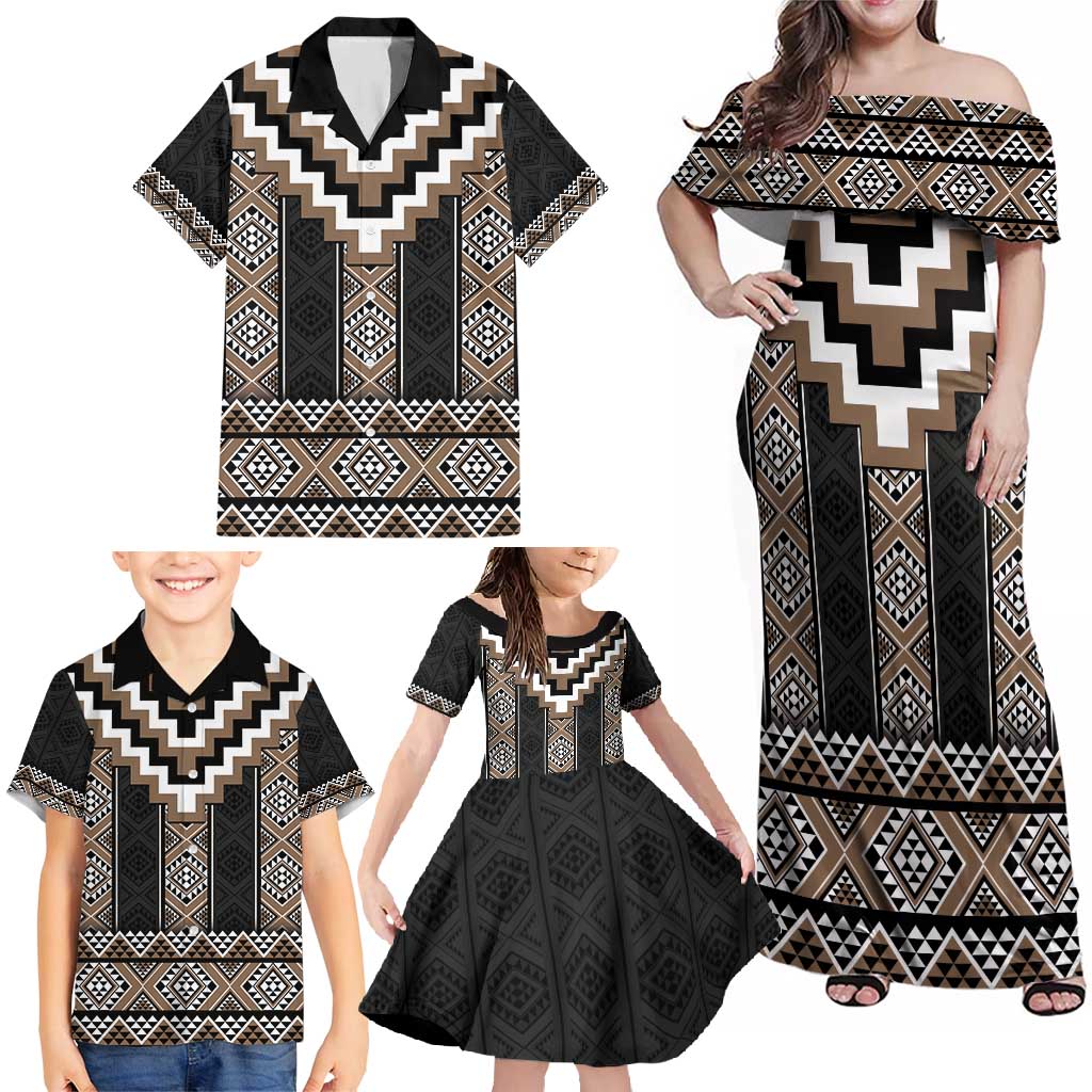 Brown Taniko Aotearoa Family Matching Off Shoulder Maxi Dress and Hawaiian Shirt Niho Taniwha Mix Poutama LT14