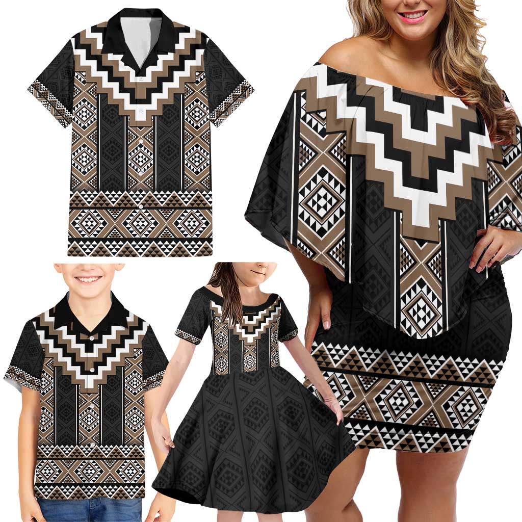 Brown Taniko Aotearoa Family Matching Off Shoulder Short Dress and Hawaiian Shirt Niho Taniwha Mix Poutama LT14