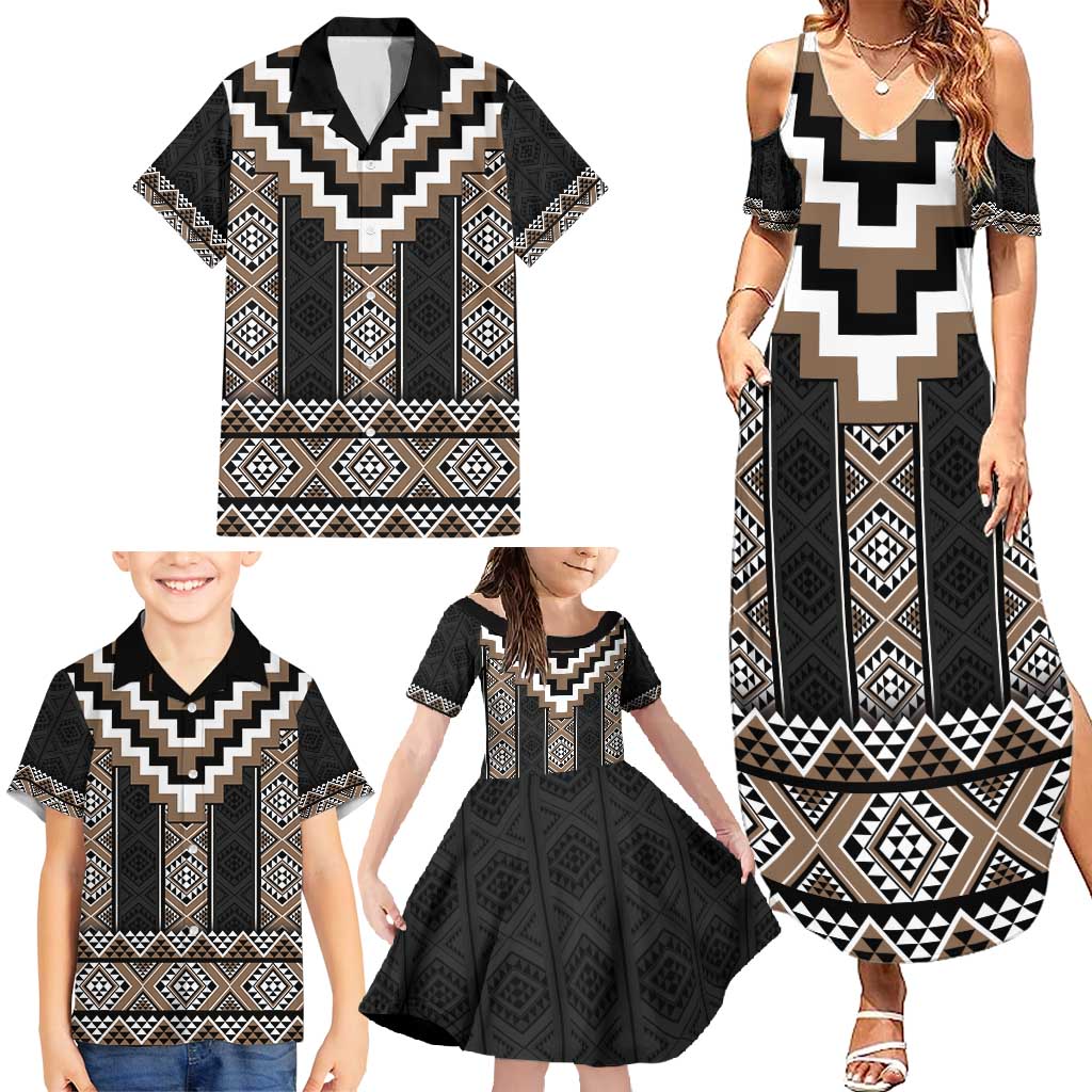 Brown Taniko Aotearoa Family Matching Summer Maxi Dress and Hawaiian Shirt Niho Taniwha Mix Poutama LT14 - Polynesian Pride