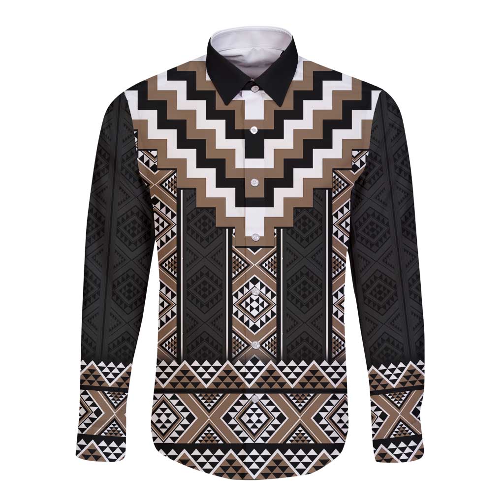 Brown Taniko Aotearoa Long Sleeve Button Shirt Niho Taniwha Mix Poutama LT14