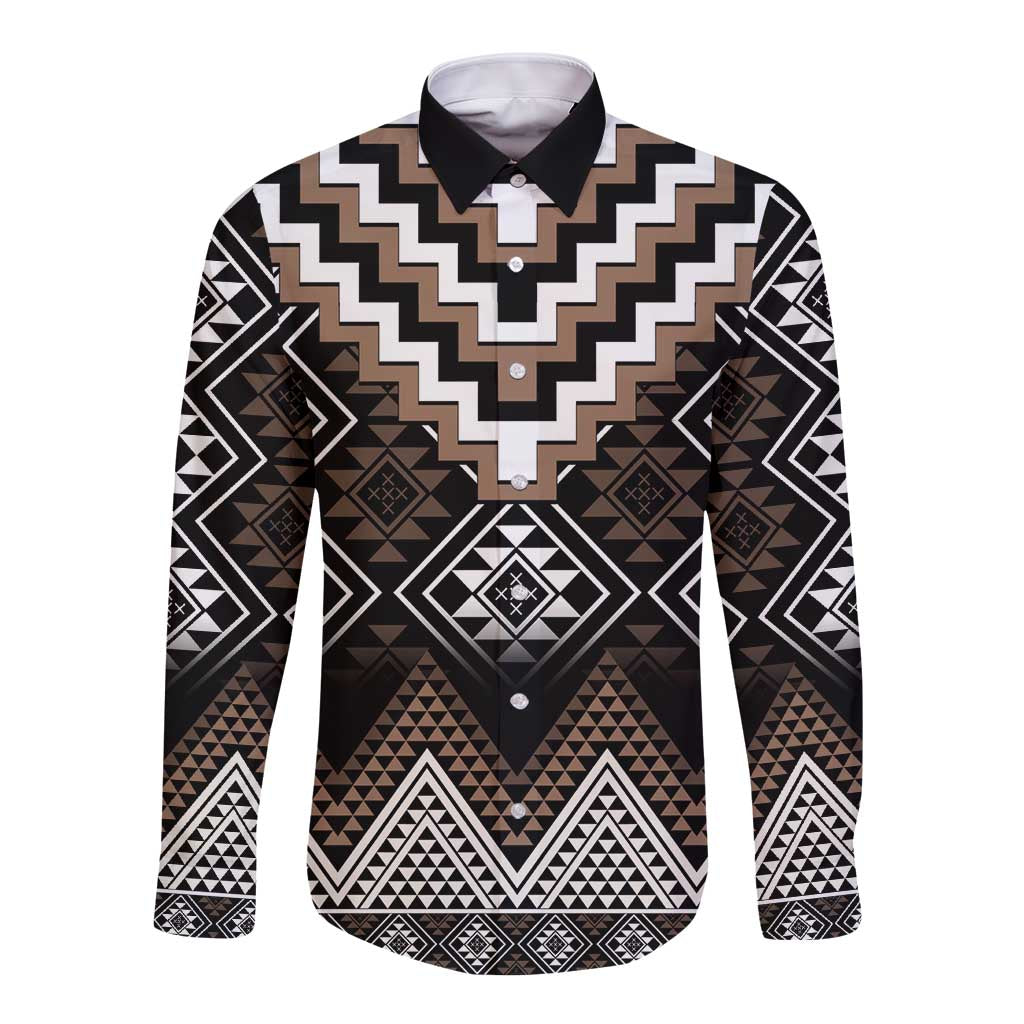 Brown Taniko Aotearoa Long Sleeve Button Shirt Niho Taniwha Mix Poutama