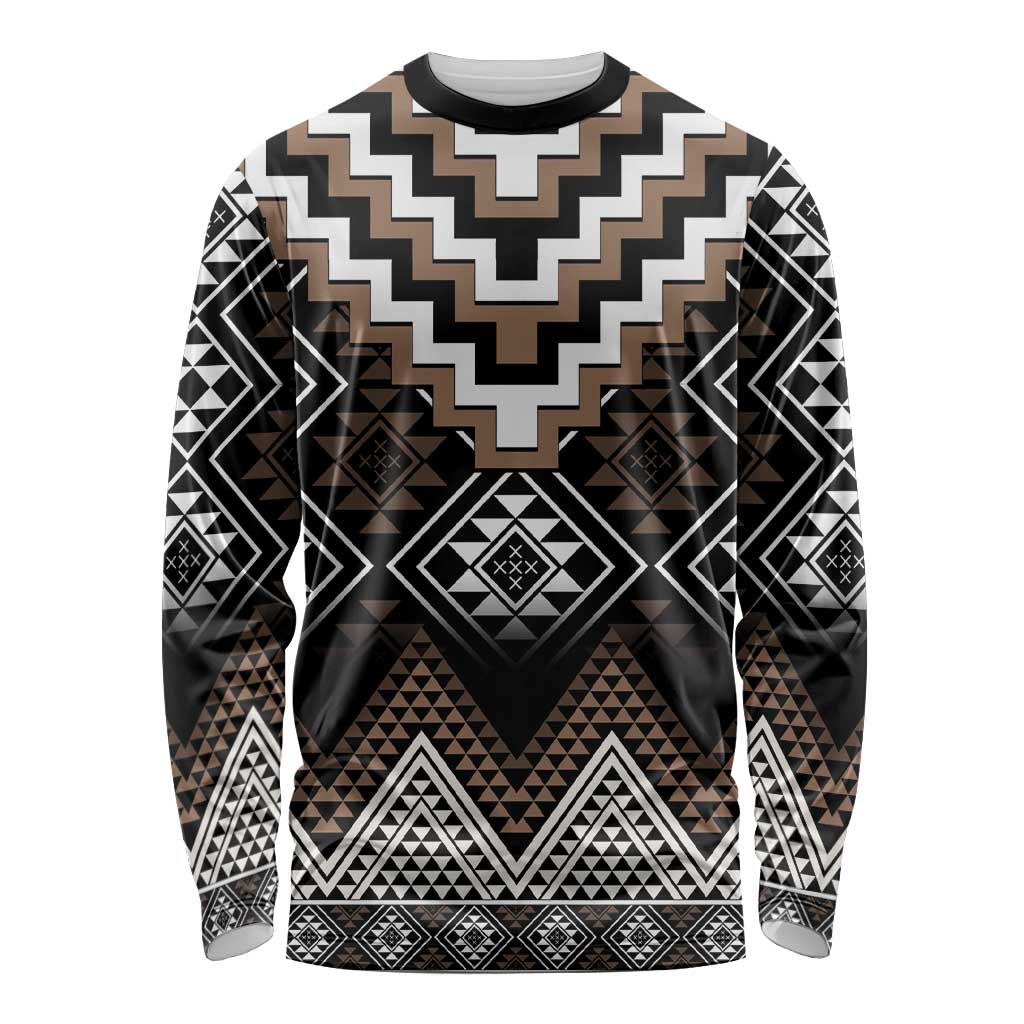 Brown Taniko Aotearoa Long Sleeve Shirt Niho Taniwha Mix Poutama