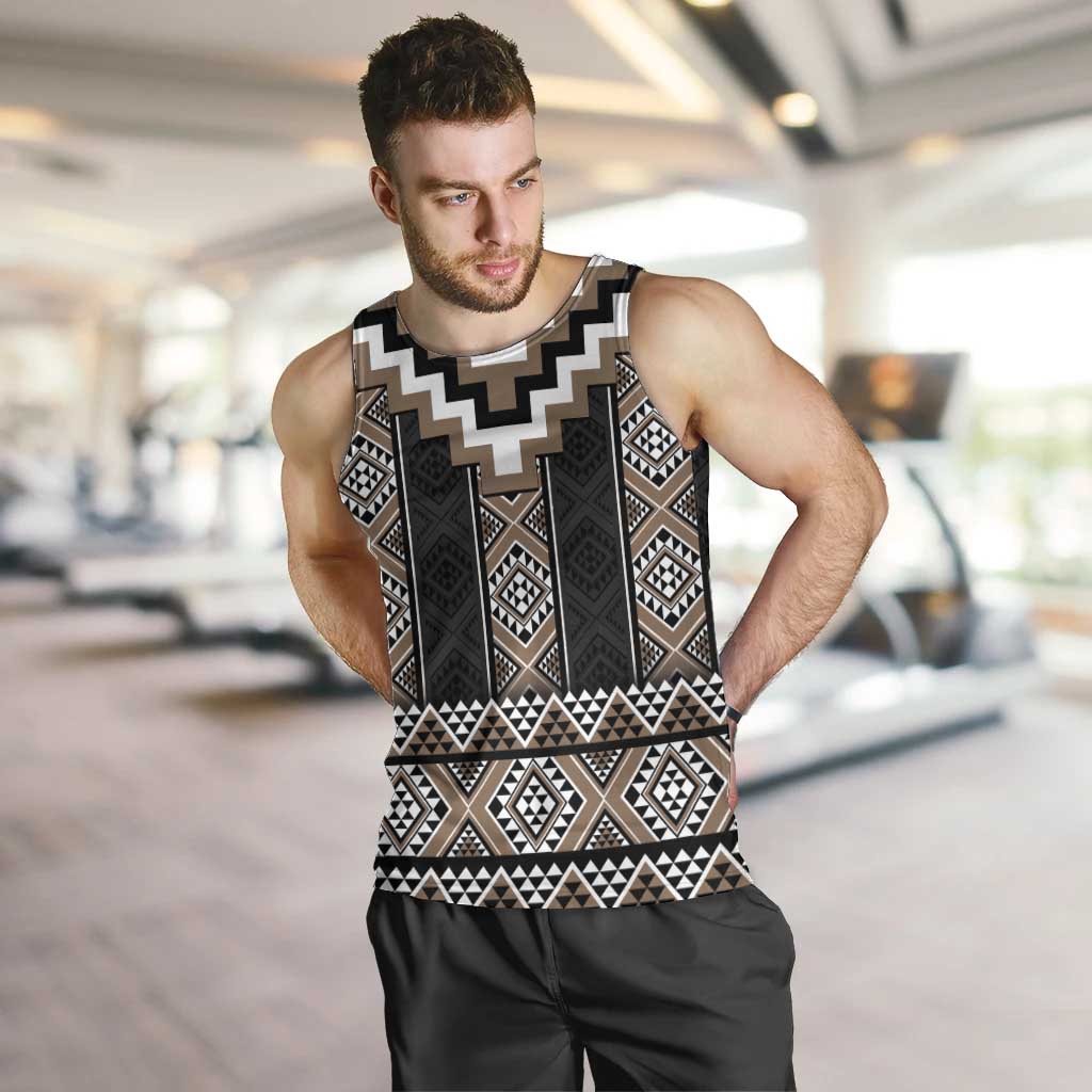 Brown Taniko Aotearoa Men Tank Top Niho Taniwha Mix Poutama LT14 Brown - Polynesian Pride