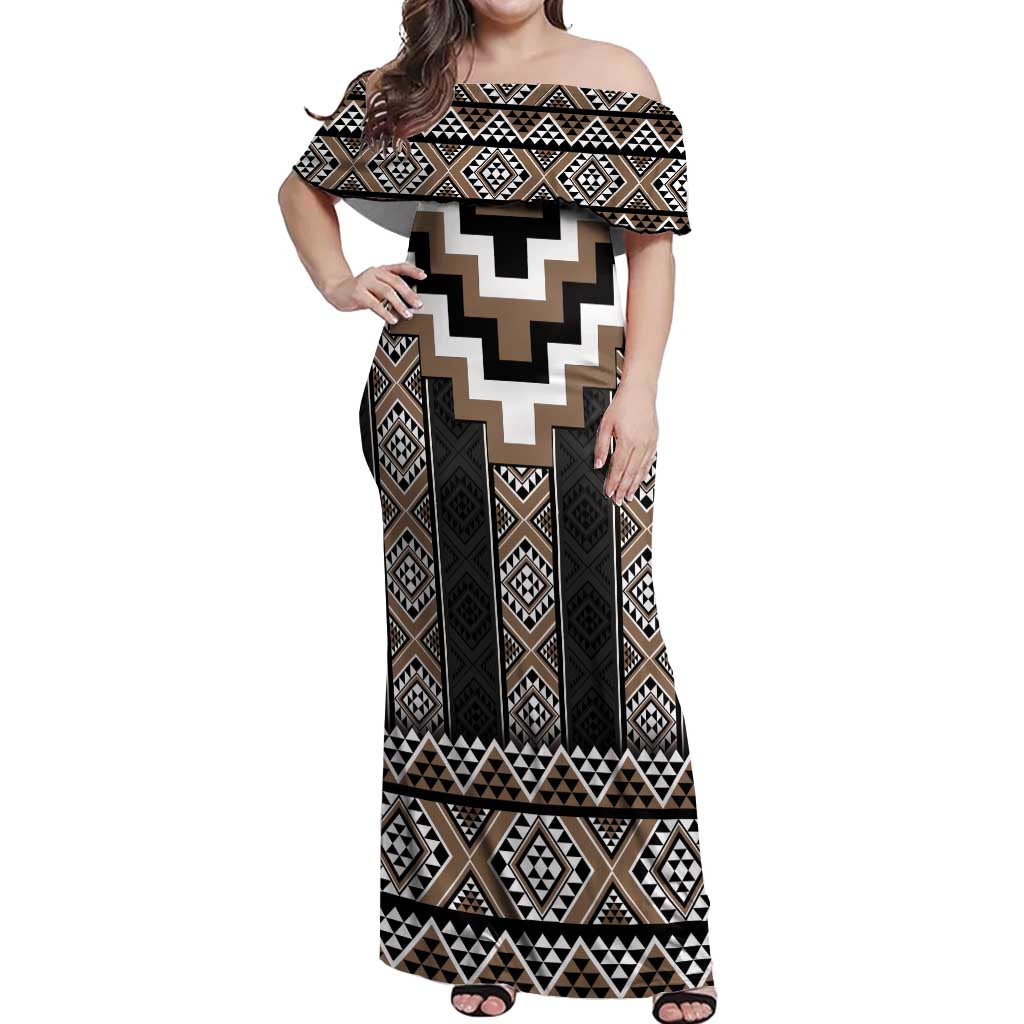 Brown Taniko Aotearoa Off Shoulder Maxi Dress Niho Taniwha Mix Poutama LT14 Women Brown - Polynesian Pride