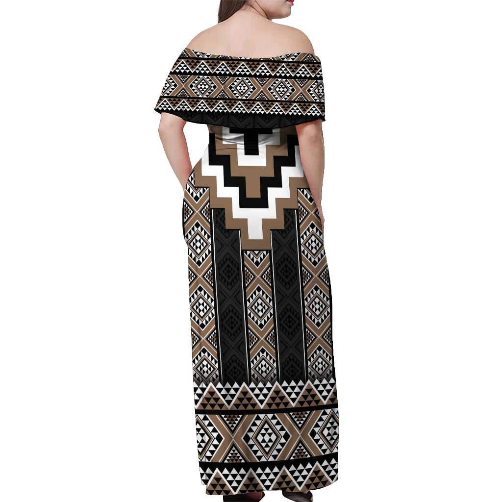 Brown Taniko Aotearoa Off Shoulder Maxi Dress Niho Taniwha Mix Poutama LT14 - Polynesian Pride
