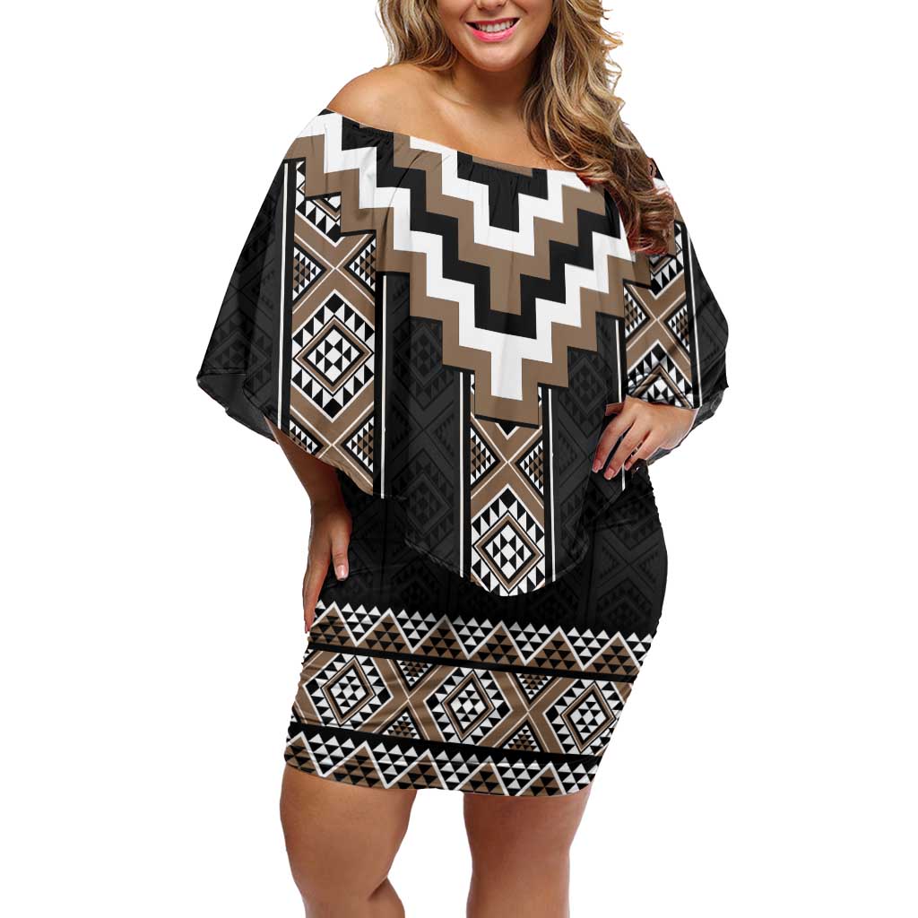 Brown Taniko Aotearoa Off Shoulder Short Dress Niho Taniwha Mix Poutama LT14 Women Brown - Polynesian Pride