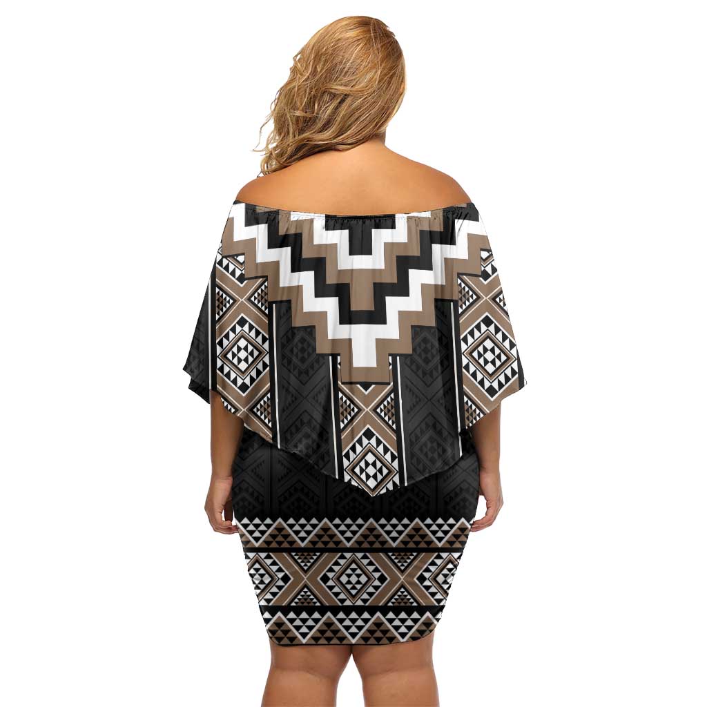 Brown Taniko Aotearoa Off Shoulder Short Dress Niho Taniwha Mix Poutama LT14 - Polynesian Pride